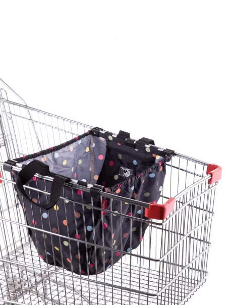 REISENTHEL Crna torba za kupovinu sa šarenim tufnicama koja se kači na kolica u supermarketu 